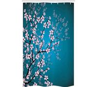 ABAKUHAUS Japonais Rideau de Douche Stalle, Motif Sakura Bloom, Ensemble de Salle de Bain en Tissu en Crochets, 120 x 180 cm, Rose Clair Bleu