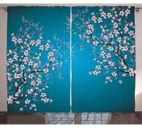 ABAKUHAUS Japonais Rideaux, Motif Sakura Bloom, Décoration Intérieure Accent Lot de 2 Panneaux, 280 x 225 cm, Bleu pétrole Rose Clair
