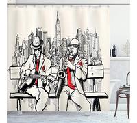 ABAKUHAUS La Musique Rideau de Douche, Beats à New York Nuit, Tissu Ensemble de Décor de Salle de Bain avec Crochets, 175 x 180 cm, Rouge Noir Écru
