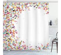 ABAKUHAUS La Musique Rideau de Douche, Cadre Festival coloré, Tissu Ensemble de Décor de Salle de Bain avec Crochets, 175 x 200 cm, Blanc Multicolore