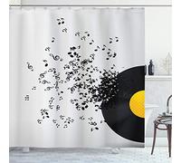 ABAKUHAUS La Musique Rideau de Douche, Notes de vol Album de Danse, Tissu Ensemble de Décor de Salle de Bain avec Crochets, 175 cm x 240 cm, Noir et Jaune Ivoire