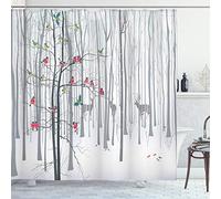 ABAKUHAUS La Nature Rideau de Douche, Nuée d'oiseaux sur l'arbre, Tissu Ensemble de Décor de Salle de Bain avec Crochets, 175 x 200 cm, Gris Multicolore