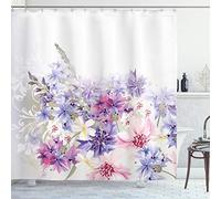 ABAKUHAUS Lavande Rideau de Douche, Fleurs Rose Pourpre, Tissu Ensemble de Décor de Salle de Bain avec Crochets, 175 cm x 180 cm, Violet Rose Blanc