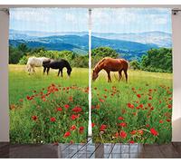 ABAKUHAUS Les Chevaux Rideaux, Paysage Scène Rurale, Décoration Intérieure Accent Lot de 2 Panneaux, 280 x 225 cm, Rouge Vert