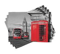 ABAKUHAUS Londres Lot de Sets de Table en 4 pièces, London Retro Phone Booth, Tissu Lavable pour Salle à Manger et Cuisine, 30 cm x 45 cm, Rouge Gris