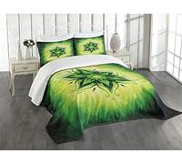 ABAKUHAUS Lotus Couvre-lit Matelassé, Esoteric Mystique, Décoratif 3 Pièces avec 2 Taies d'Oreillers, Queen, Vert Lime