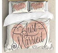 ABAKUHAUS Mariage Ensemble de Housse de Couette, Just Married Tulip Coeur, Décoratif 2 Pièces avec 1 Taie d'oreiller, 200 x 200 cm - 70 x 50 cm, Corail Noir Blanc