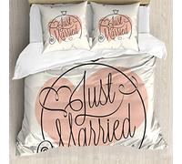 ABAKUHAUS Mariage Ensemble de Housse de Couette, Just Married Tulip Coeur, Décoratif, 3 Pièces avec 2 Taies d'oreiller, 200 cm x 200 cm - 80 x 80 cm, Corail Noir Blanc