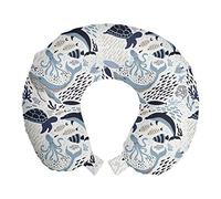 ABAKUHAUS Méduse Aqua Oreiller Cervical de Voyage, Octopus Coral Tortue, Accessoire en Mousse à Mémoire pour Voyage, 30x30 cm, Blanc et Bleu
