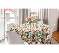 ABAKUHAUS Mexicain Nappe Ronde, Jour des Morts Dessins animés, Nappe en Cercle pour Salle à Manger ou Cuisine, 150 cm, Multicolor Blanc