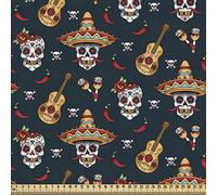 ABAKUHAUS mexicain Tissu au Mètre, Crâne Sombrero Chili, Tissu en Polyester Décoratif pour Rembourrage, 1M (148x100cm), Gris foncé