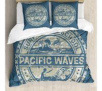 ABAKUHAUS Moderne Ensemble de Housse de Couette, Pacific Waves Surf Camp, Décoratif, 3 Pièces avec 2 Taies d'oreiller, 200 cm x 200 cm - 80 x 80 cm, Kaki Bleu Ardoise