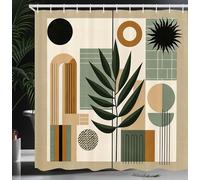 ABAKUHAUS Monstera Rideau de Douche, Abstrait Boho du Milieu du Siècle Nature Et Formes Géométriques, Material Resistente al Agua Durable Estampa Digital, 175 cm x 200 cm, Beige Vert Émeraude Sépia