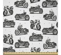 ABAKUHAUS Moto Tissu au Mètre, Dessins Rétro style, Tissu en Microfibre Décoratif pour Textiles d’Art et d’Artisanat, 1M (230x100cm), Blanc Noir Gris