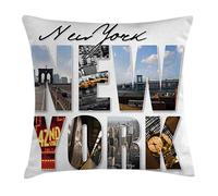 ABAKUHAUS New York Housse d'oreiller, New-York Collage, Les Couleurs ne pourrissent Pas Le Tissu Lavable, 60cm x 60cm, Blanc Noir