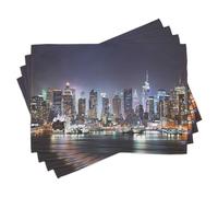 ABAKUHAUS New York Sets de Table, Lot de 8, Manhattan Skyline at Night Skyscrapers Panorama on Tranquil River Image, Décoration de Table en Tissu Lavable pour Salle à Manger et Cuisine, Indigo foncé