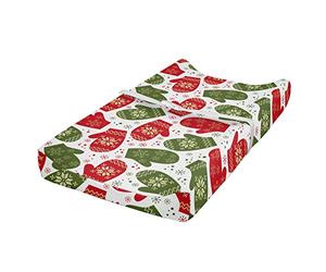 ABAKUHAUS Noël Housse de Matelas à Langer pour Bébé, Hiver Mitten Nordic, Housse Douce pour Matelas à Langer avec Trous, Vert Rouge et Blanc