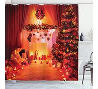 ABAKUHAUS Noël Rideau de Douche, Noel Nouvel an Theme, Tissu Ensemble de Décor de Salle de Bain avec Crochets, 175 x 200 cm, Orange