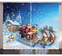 ABAKUHAUS Noël Rideaux, Père Noël dans Jouets Sleigh, Décoration Intérieure Accent Lot de 2 Panneaux, 280 x 175 cm, Bleu Nuit Rouge
