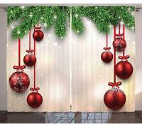 ABAKUHAUS Noël Rideaux, Red Boules Rubans, Décoration Intérieure Accent Lot de 2 Panneaux, 280 x 175 cm, Rouge Vert