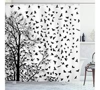 ABAKUHAUS Noir et Blanc Rideau de Douche, Arbre Oiseaux Volant, Tissu Ensemble de Décor de Salle de Bain avec Crochets, 175 x 200 cm, Noir Blanc