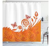 ABAKUHAUS Orange Rideau de Douche, Direction Rose, Tissu Ensemble de Décor de Salle de Bain avec Crochets, 175 x 200 cm, Orange Blanc