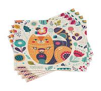 ABAKUHAUS Paisley Sets de Table, Chat et Feuille de Fleur, Décoration de Table en Tissu Lavable Impression Numérique, Beige Orange