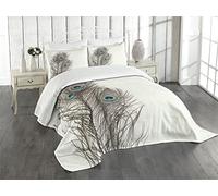 ABAKUHAUS Paon Couvre-lit Matelassé, Plumes d'oiseaux Exotiques, Décoratif 3 Pièces avec 2 Taies d'Oreillers, King, Taupe Blanc Et Bleu