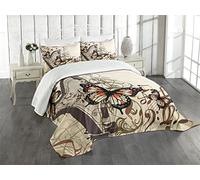 ABAKUHAUS Papillons Couvre-lit Matelassé, Harpe Ornement Papillon, Décoratif 3 Pièces avec 2 Taies d'Oreillers, King, Orange Noir Crème