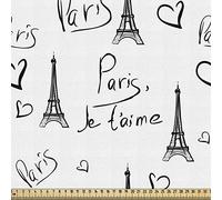 ABAKUHAUS Paris Tissu au Mètre, Eiffel Je T'aime Doodle, magnifiquement tissé pour Tissus d'ameublement et Accessoires pour la maison, 1M (148x100cm),Ivoire Noir