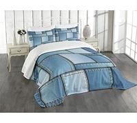 ABAKUHAUS Pays Couvre-lit Matelassé, Denim Motif Patchwork, Décoratif 2 Pièces avec 1 Taies d'Oreillers, 170 x 220 cm, Bleu Azur Pâle