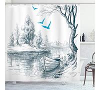 ABAKUHAUS Paysage Rideau de Douche, Bateau sur la rivière Dessin, Tissu Ensemble de Décor de Salle de Bain avec Crochets, 175 cm x 240 cm, Blanc Gris Bleu
