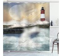 ABAKUHAUS Phare Tenda da Doccia, Peinture à l'huile de Style de Mer Orageuse Éclaboussant des Vagues Lune Et Phare, Résistant à l'eau, Tissu, 175 x 200 cm, Multicolor