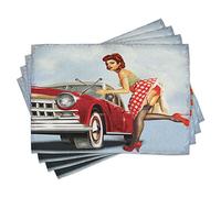 ABAKUHAUS Pin up Girl Sets de Table, Dame réparant la Voiture, Décoration de Table en Tissu Lavable pour Salle à Manger et Cuisine, Impression numérique, Rouge