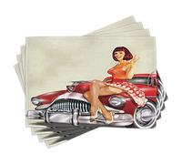 ABAKUHAUS Pin up Lot de Sets de Table en 4 pièces, Classique Rétro Voiture, Tissu Lavable pour Salle à Manger et Cuisine, 30 cm x 45 cm, Multicolore