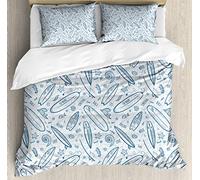 ABAKUHAUS Planche de Surf Ensemble de Housse de Couette, Summertime Doodle, Décoratif, 3 Pièces avec 2 Taies d'oreiller, 200x200 cm, Bleu Pétrole Bleu Gris