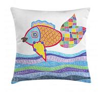 ABAKUHAUS Poisson Housse d'oreiller, Balances Poissons et carrés Doodle, avec Fermeture à glissière cachée, 40cm x 40cm, Blanc Bleu
