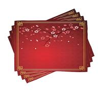 ABAKUHAUS Rouge Lot de Sets de Table en 4 pièces, Branche de Cerisier Cadre Chinois, Tissu Lavable pour Salle à Manger et Cuisine, Standard, Calendula Corail Rouge