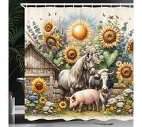 ABAKUHAUS Rustique Rideau de Douche, Scène Rurale De Ferme Vintage avec Fleurs Soleil Cheval, Material Resistente al Agua Durable Estampa Digital, 175 cm x 200 cm, Jaune Terre Jaune et Multicolore