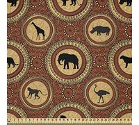 ABAKUHAUS Safari Tissu au Mètre, Singe Lion Folk africain, Tissu en Polyester Décoratif pour Rembourrage et Décoration d'Intérieur, 1M (148x100cm), Brun Moutarde