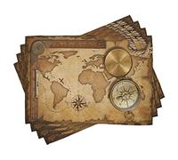 ABAKUHAUS Set de Table Carte, Carte au trésor Vintage vieillie, Règle, Corde, Vieille Boussole, Aventure Antique, Découverte, Décoration de Table en Tissu Lavable, Impression numérique, Caramel