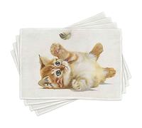 ABAKUHAUS Sets de Table Animaux, Chat Mignon Jouant avec Une Plume dans Une Illustration Aquarelle dessinée à la Main, Abricot Blanc Crème