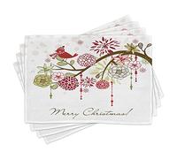 ABAKUHAUS Sets de Table de Noël, Oiseau Rouge Floral Arbre, Décoration de Table en Tissu Lavable pour Salle à Manger et Cuisine, Impression numérique, Aqua Blanc