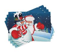 ABAKUHAUS Sets de Table de Noël, Père Noël Bonhomme de Neige Câlin, Décoration de Table en Tissu Lavable pour Salle à Manger et Cuisine, Impression numérique, Bleu Blanc Rouge