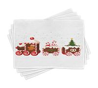 ABAKUHAUS Sets de Table de Noël, Train en Pain d'épices, Décoration de Table en Tissu Lavable pour Salle à Manger et Cuisine, Impression numérique, Blanc, Marron, Vermillon