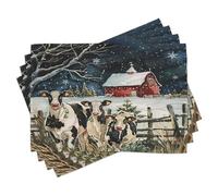 ABAKUHAUS Sets de Table, Nuit de Noël enneigée avec Vaches et Grange, Décoration de Table en Tissu Lavable Impression numérique, Beige Gris Clair Rubis clairs