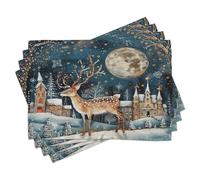 ABAKUHAUS Sets de Table, Reindeer Moon City Christmas, Décoration de Table en Tissu Lavable pour Salle à Manger et Cuisine, Impression numérique, Cocoa Dark Slate Blue