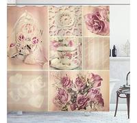 ABAKUHAUS Shabby Flora Rideau de Douche, Coupes Dentelle Vintage, Tissu Ensemble de Décor de Salle de Bain avec Crochets, 175 cm x 200 cm, Rose pâle Blanc