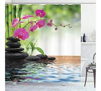 ABAKUHAUS Spa Rideau de Douche, Bambou Arbre Pierres Orchidée, Tissu Ensemble de Décor de Salle de Bain avec Crochets, 175 cm x 200 cm, Gris Anthracite Lime Green