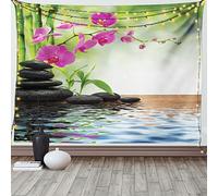 ABAKUHAUS Spa Tapisserie, Bambou Arbre Pierres Orchidée, Lavable sans décoloration, 230 x 140 cm, Gris Anthracite Lime Green